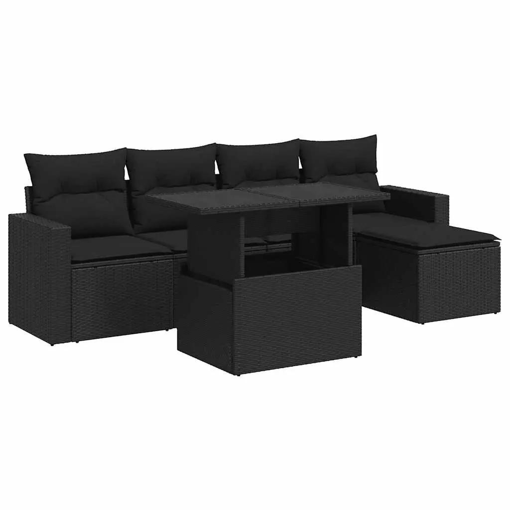 6 Piece Garden Sofa Set with Cushions Black Poly Rattan 3326296 - Furniture