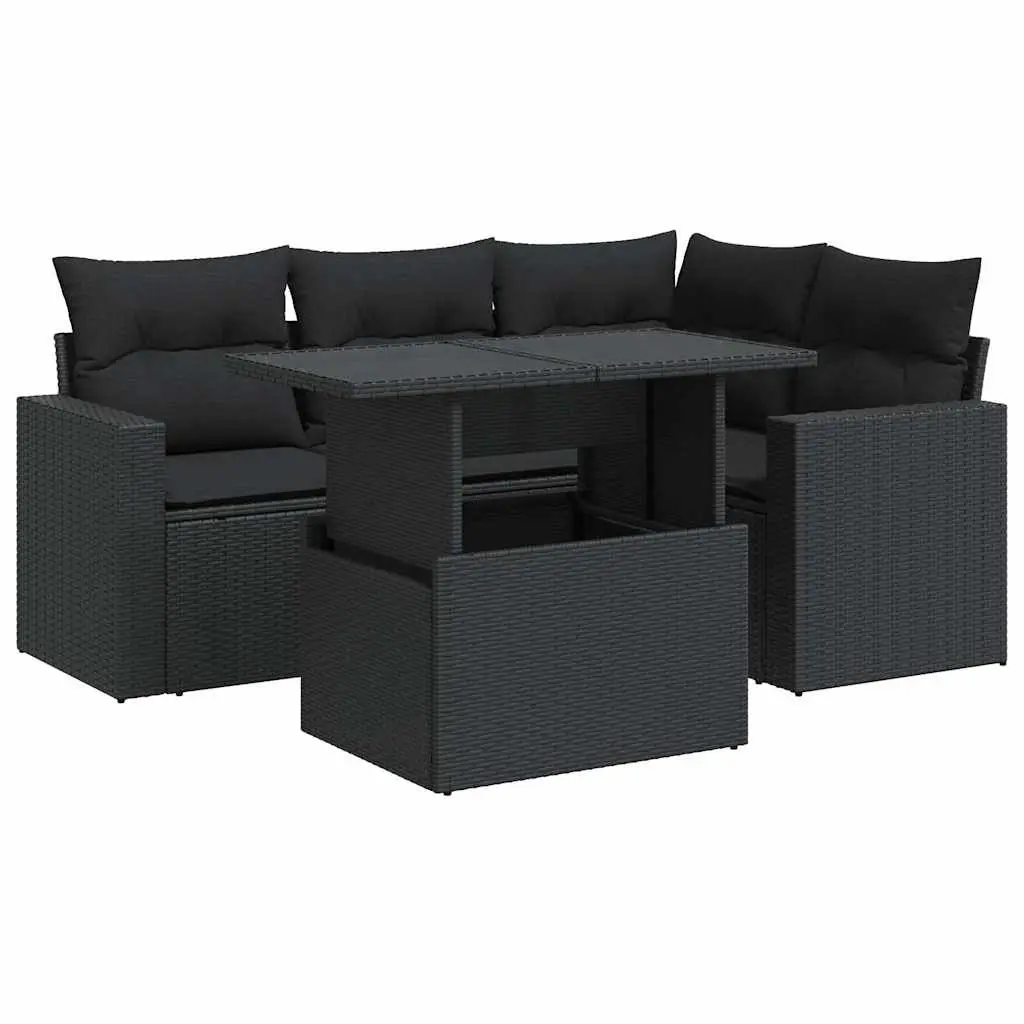 5 Piece Garden Sofa Set with Cushions Black Poly Rattan 3326306 - Furniture