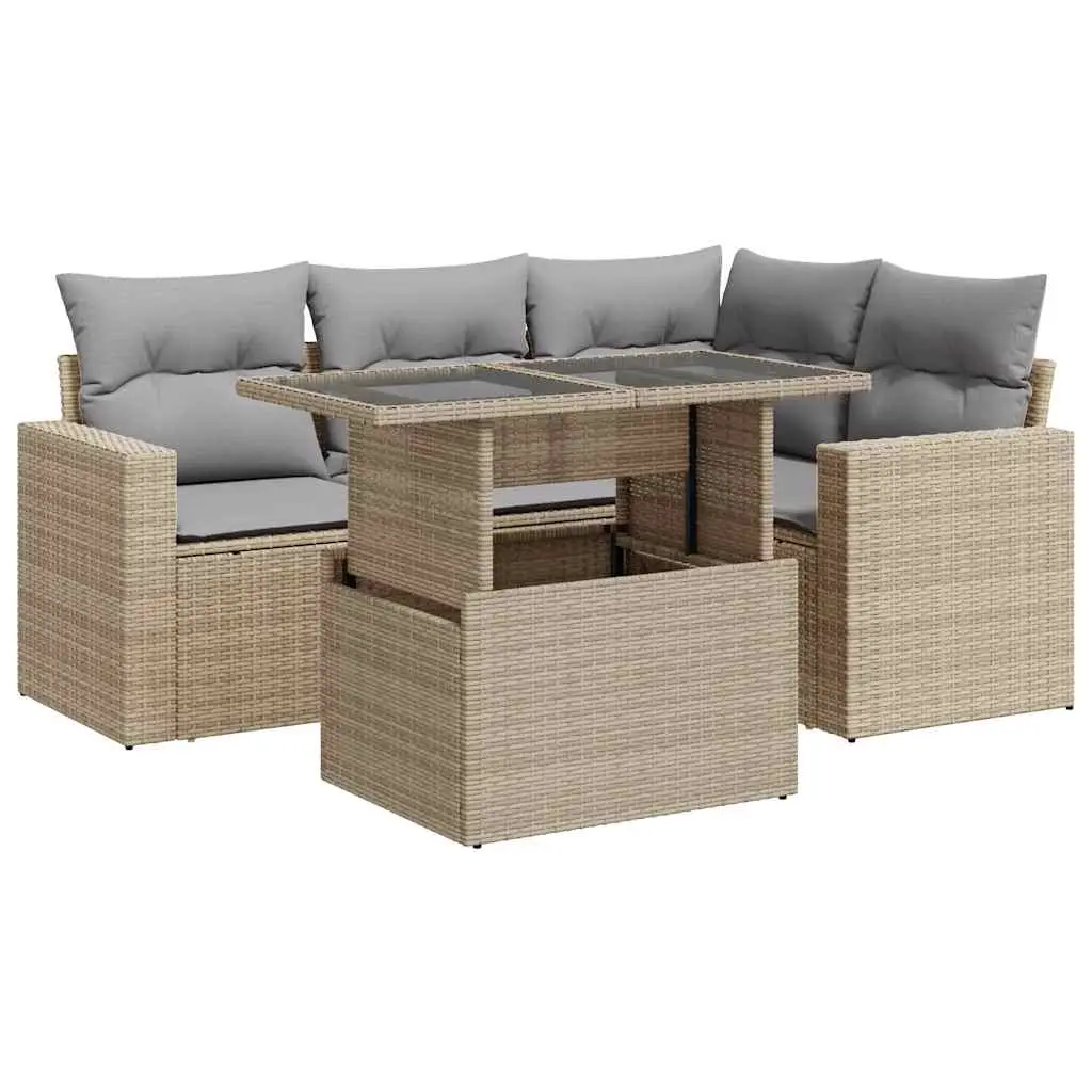 5 Piece Garden Sofa Set with Cushions Beige Poly Rattan 3326310 - Furniture