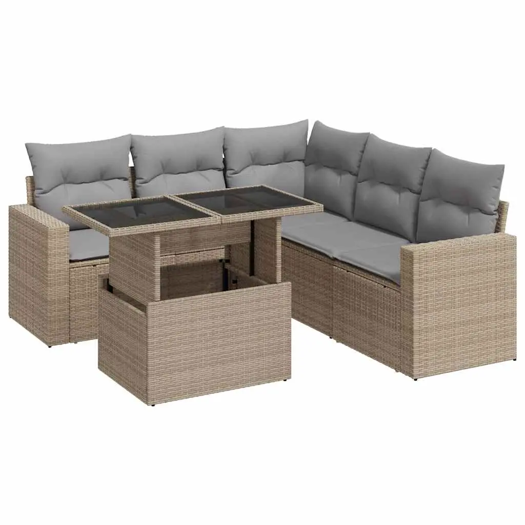 6 Piece Garden Sofa Set with Cushions Beige Poly Rattan 3326320 - Furniture