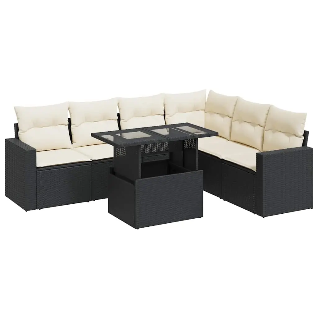 7 Piece Garden Sofa Set with Cushions Black Poly Rattan 3326327 - Furniture