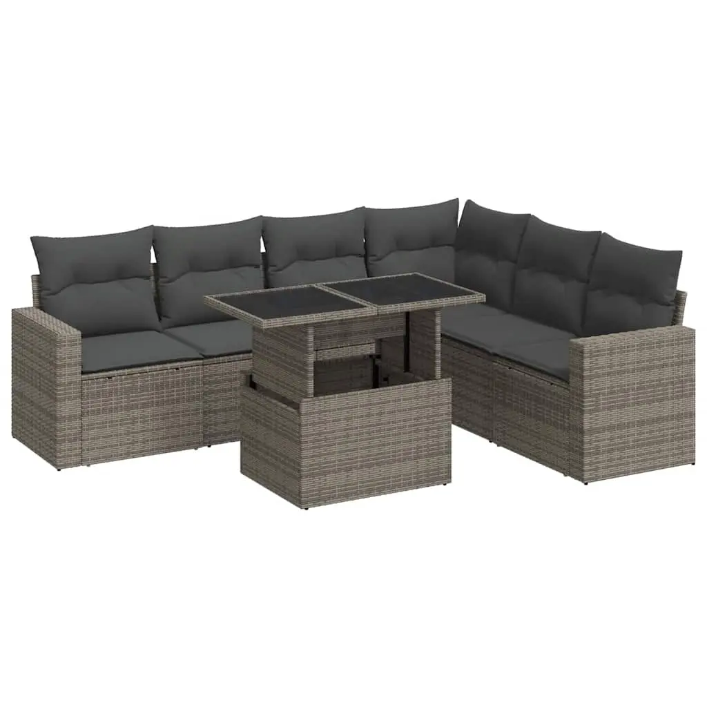 7 Piece Garden Sofa Set with Cushions Grey Poly Rattan 3326331 - Furniture
