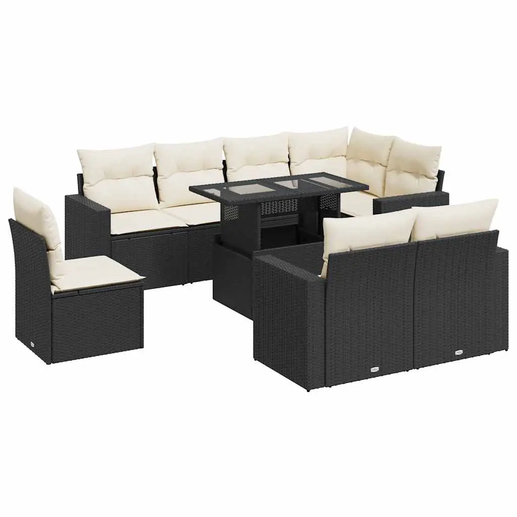 9 Piece Garden Sofa Set with Cushions Black Poly Rattan 3326337 - Furniture