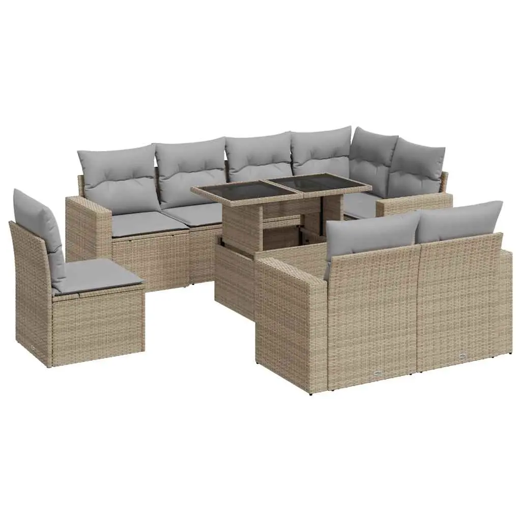 9 Piece Garden Sofa Set with Cushions Beige Poly Rattan 3326340 - Furniture