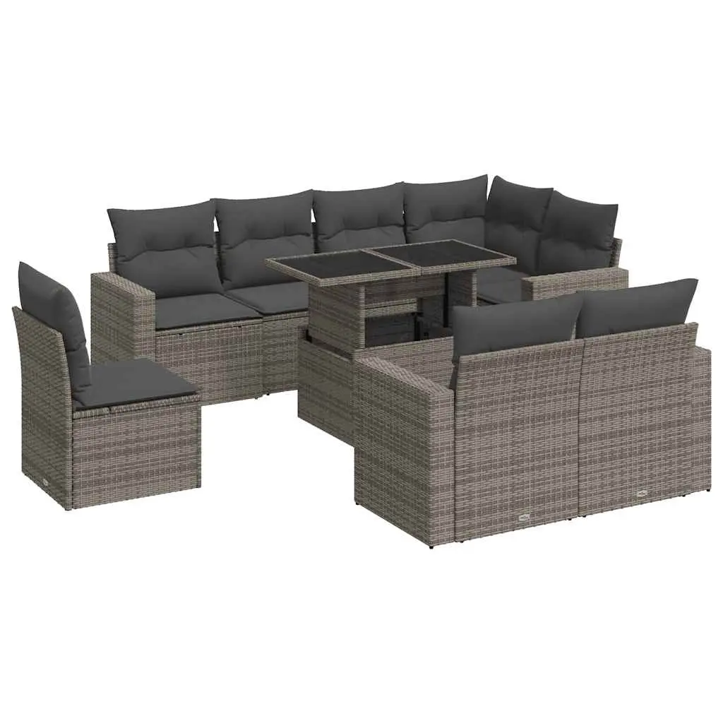 9 Piece Garden Sofa Set with Cushions Grey Poly Rattan 3326341 - Furniture