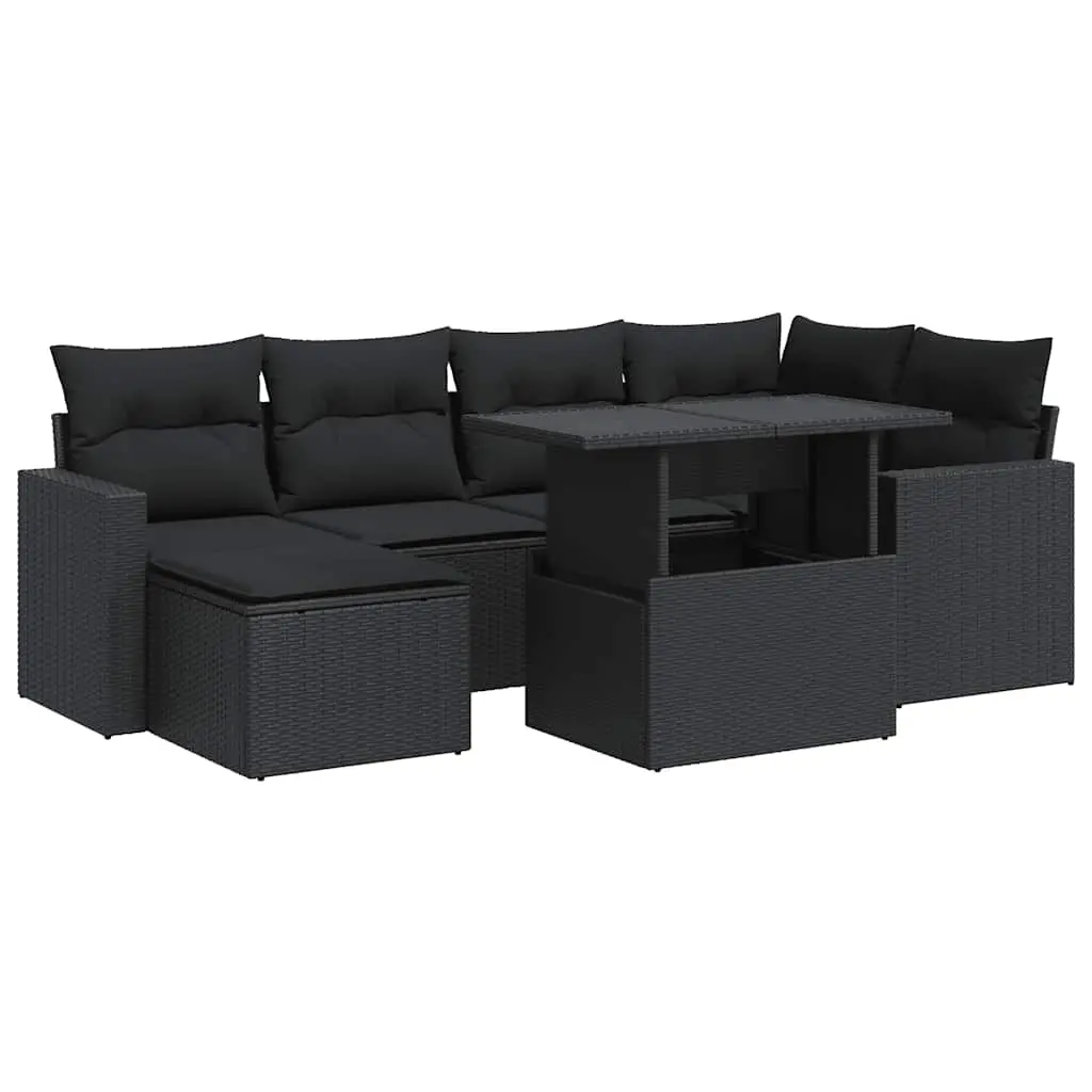7 Piece Garden Sofa Set with Cushions Black Poly Rattan 3326346 - Furniture
