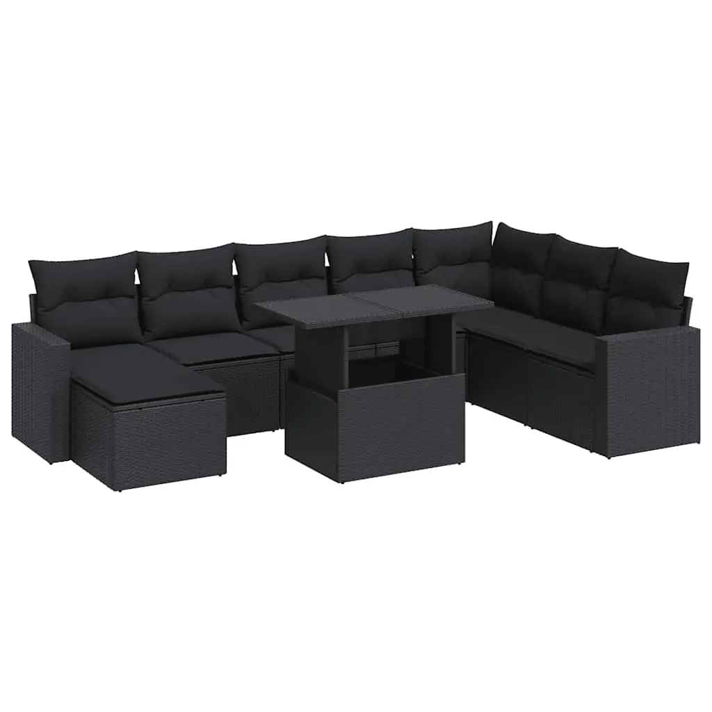 9 Piece Garden Sofa Set with Cushions Black Poly Rattan 3326366 - Furniture