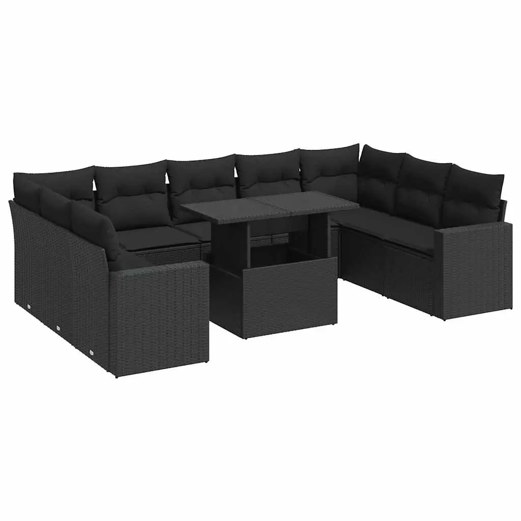 10 Piece Garden Sofa Set with Cushions Black Poly Rattan 3326376 - Furniture