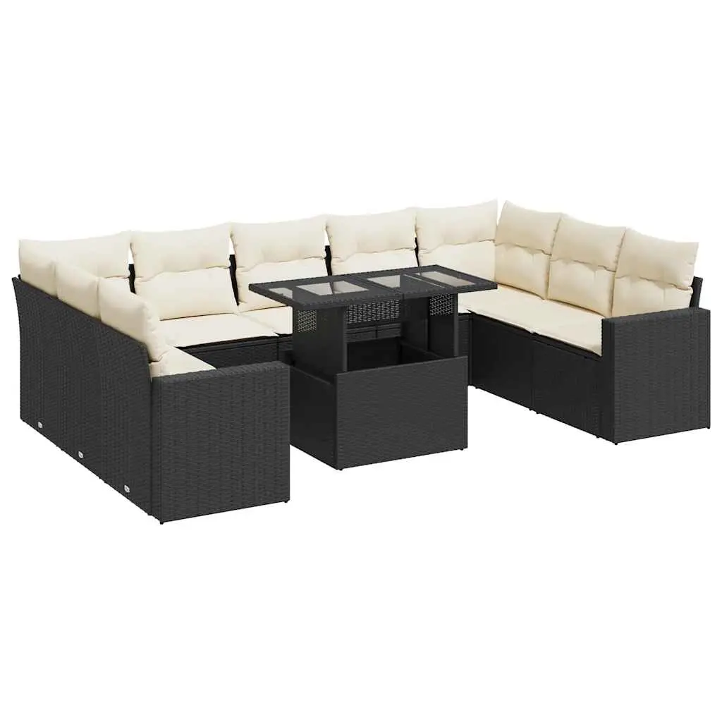 10 Piece Garden Sofa Set with Cushions Black Poly Rattan 3326377 - Furniture