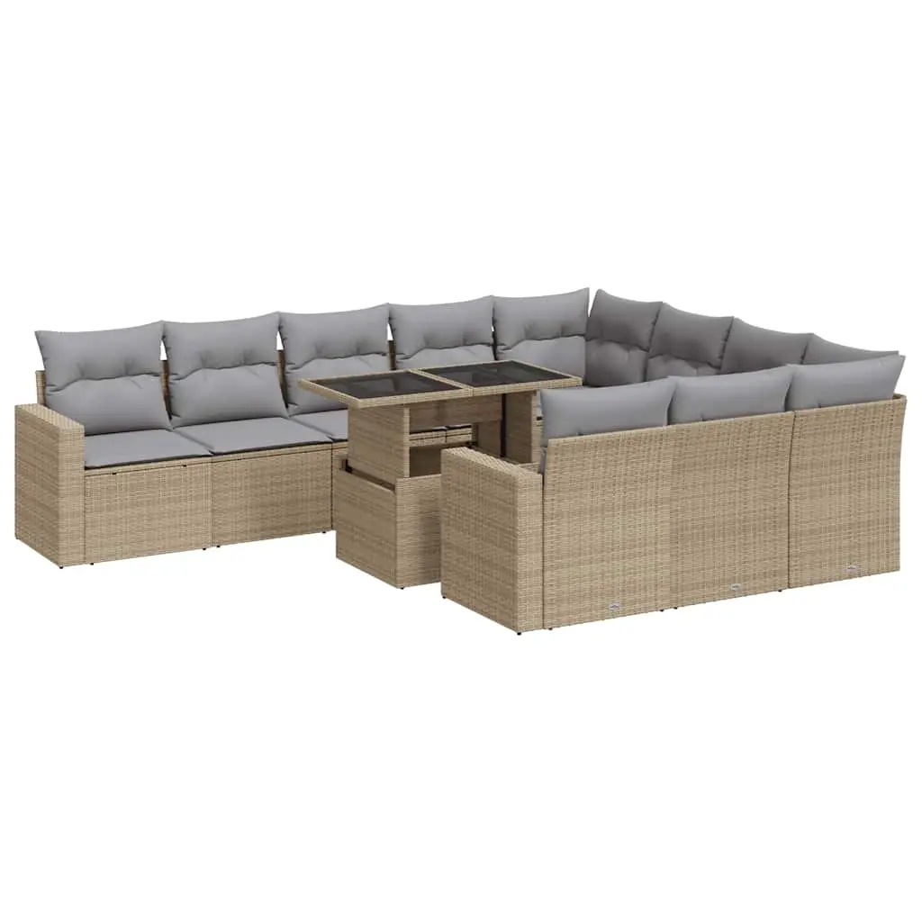 11 Piece Garden Sofa Set with Cushions Beige Poly Rattan 3326390 - Furniture