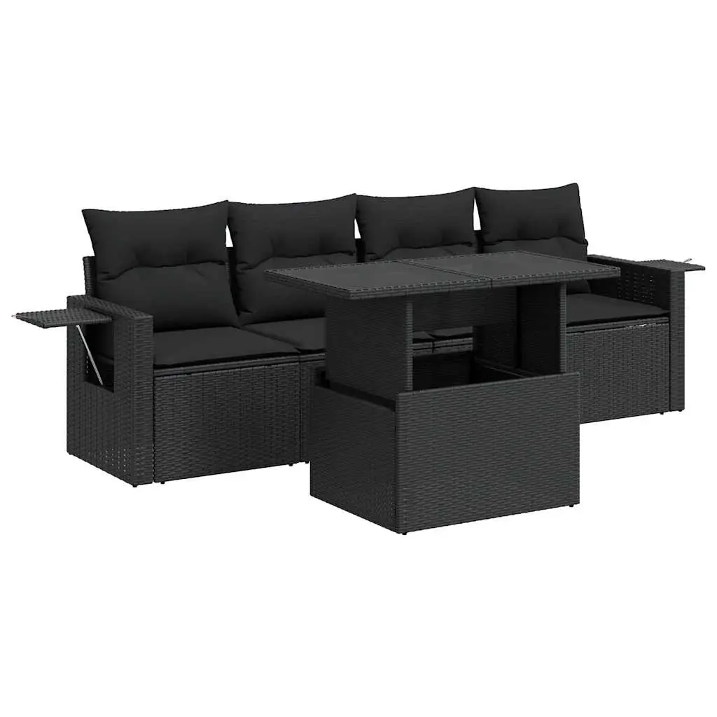 5 Piece Garden Sofa Set with Cushions Black Poly Rattan 3326396 - Furniture