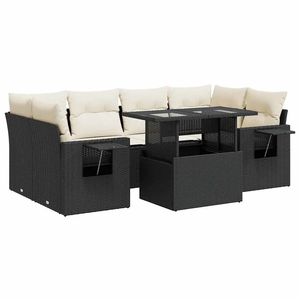 7 Piece Garden Sofa Set with Cushions Black Poly Rattan 3326427 - Furniture