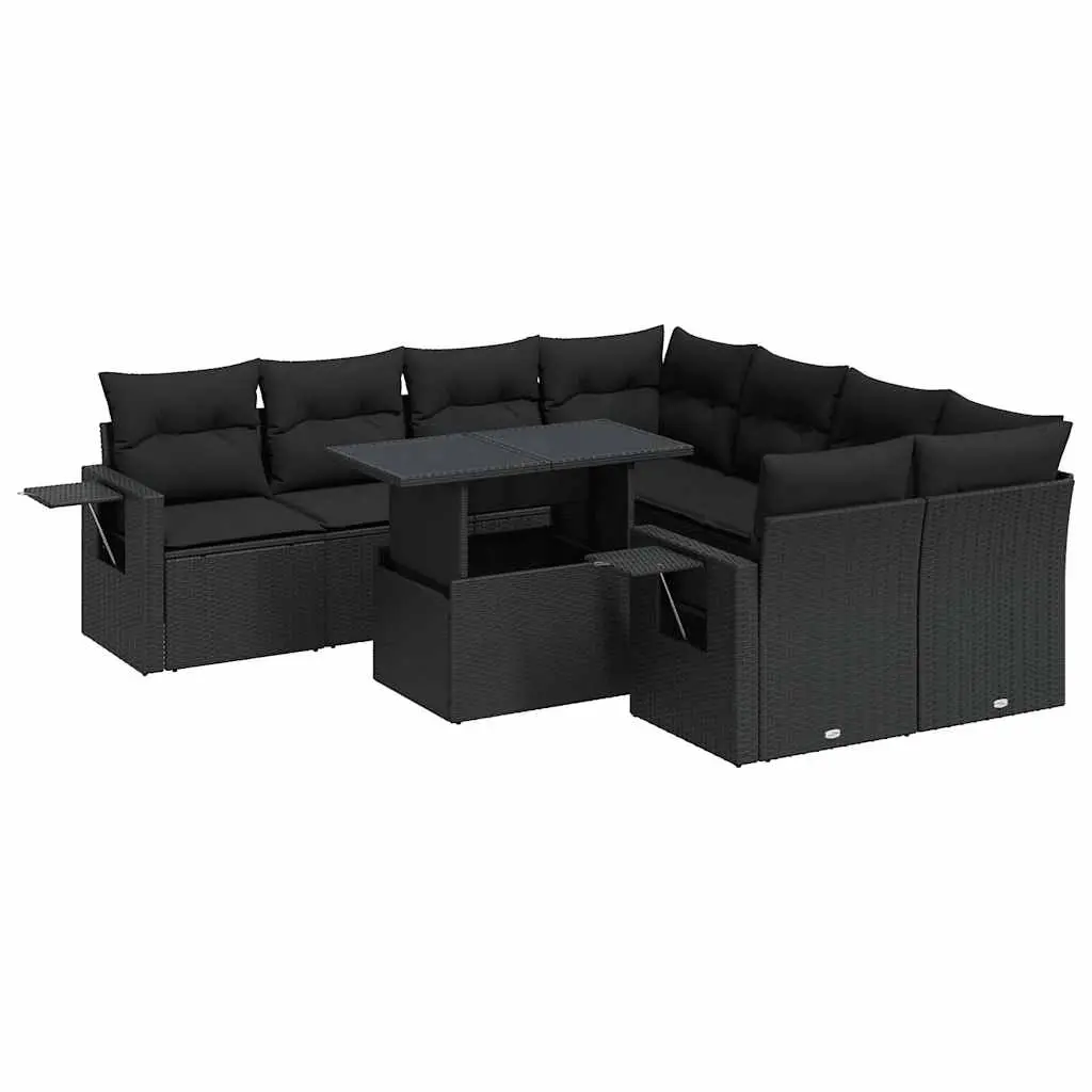 9 Piece Garden Sofa Set with Cushions Black Poly Rattan 3326446 - Furniture