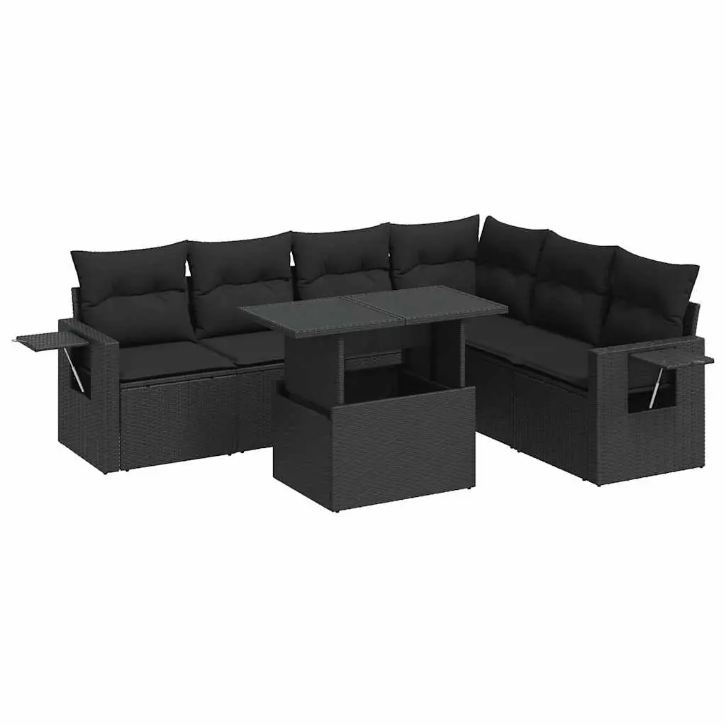 7 Piece Garden Sofa Set with Cushions Black Poly Rattan 3326486 - Furniture