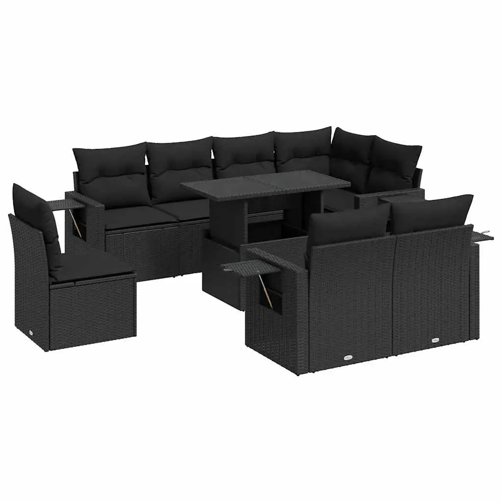 9 Piece Garden Sofa Set with Cushions Black Poly Rattan 3326496 - Furniture