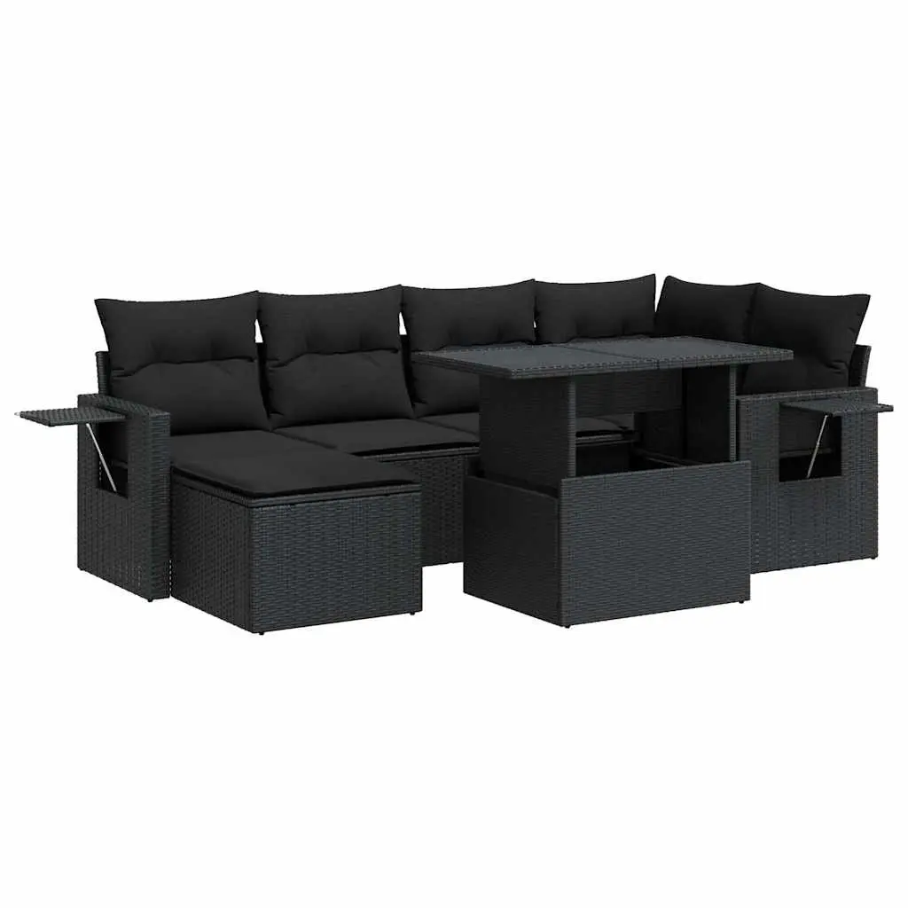 7 Piece Garden Sofa Set with Cushions Black Poly Rattan 3326506 - Furniture