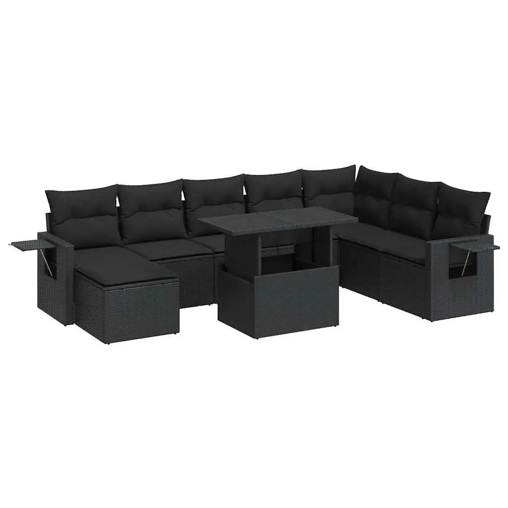 9 Piece Garden Sofa Set with Cushions Black Poly Rattan 3326526 - Furniture