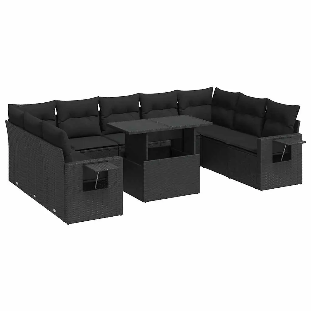10 Piece Garden Sofa Set with Cushions Black Poly Rattan 3326536 - Furniture