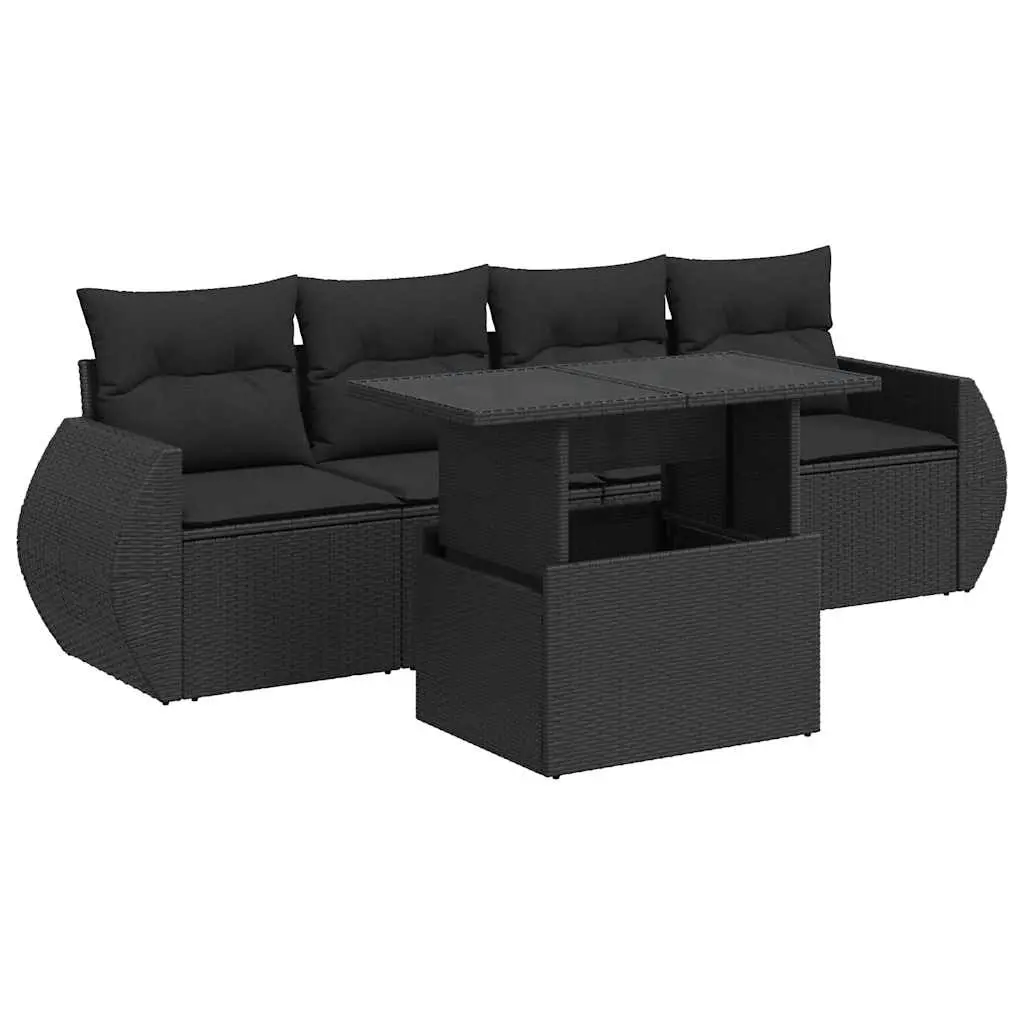 5 Piece Garden Sofa Set with Cushions Black Poly Rattan 3326556 - Furniture