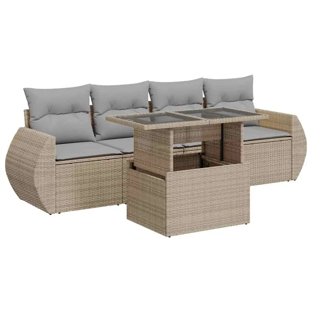 5 Piece Garden Sofa Set with Cushions Beige Poly Rattan 3326560 - Furniture
