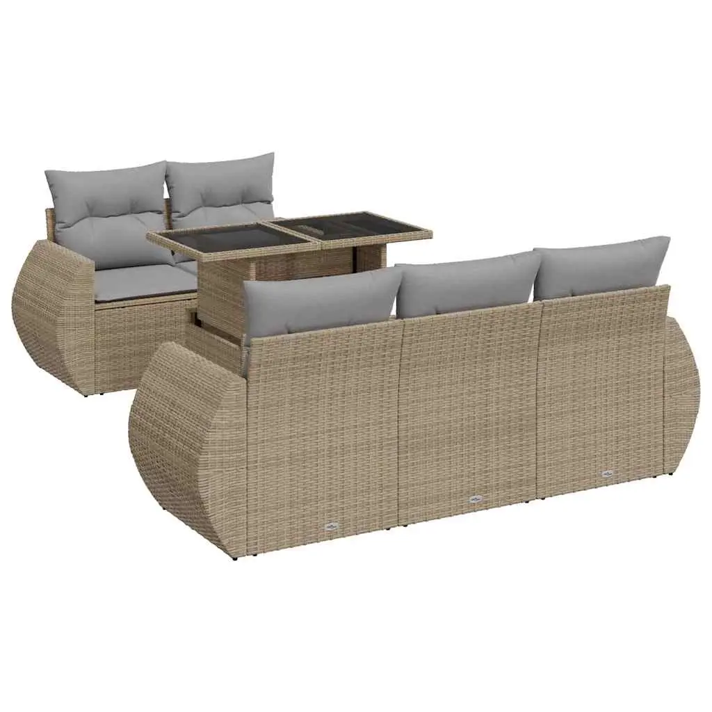 6 Piece Garden Sofa Set with Cushions Beige Poly Rattan 3326570 - Furniture