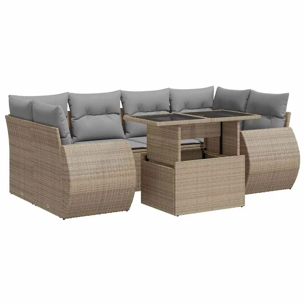 7 Piece Garden Sofa Set with Cushions Beige Poly Rattan 3326590 - Furniture