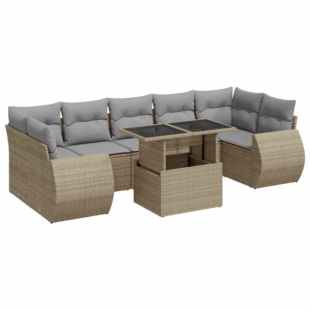 8 Piece Garden Sofa Set with Cushions Beige Poly Rattan 3326600 - Furniture