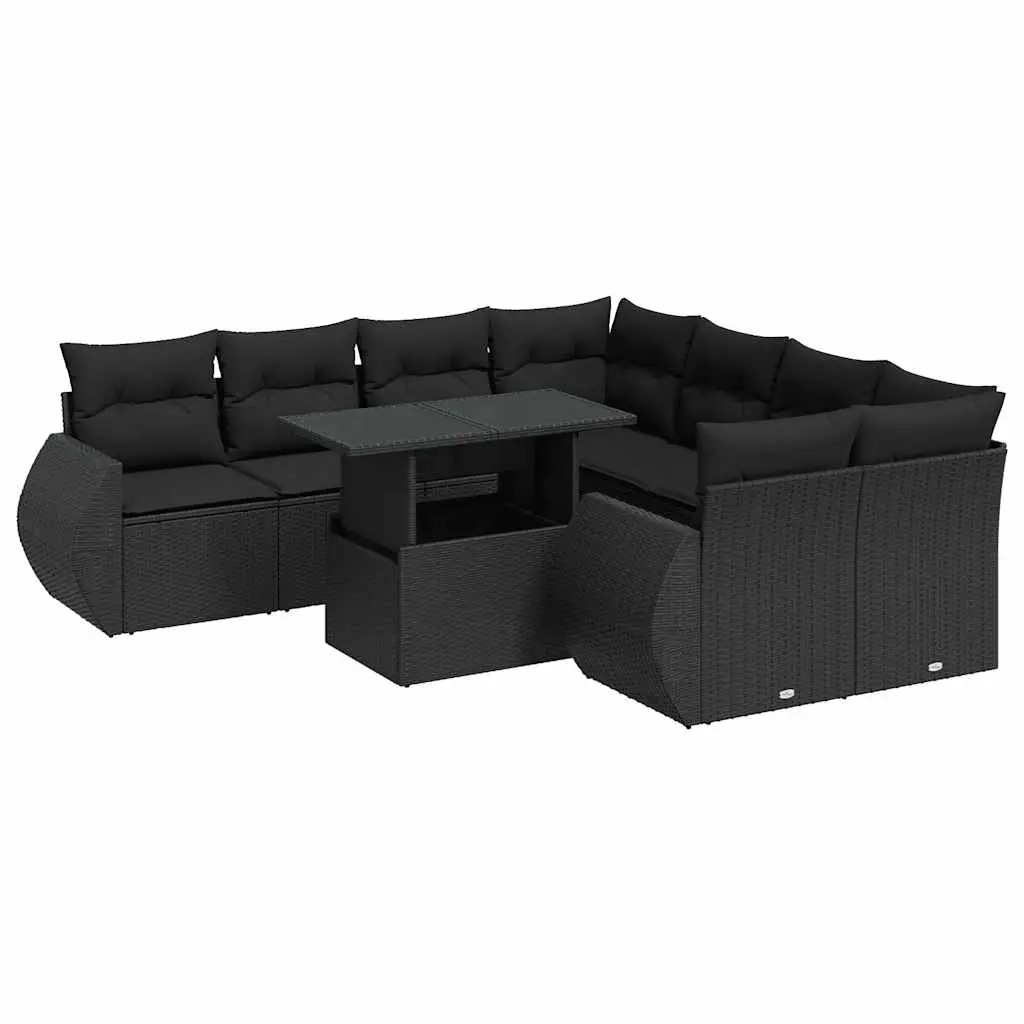 9 Piece Garden Sofa Set with Cushions Black Poly Rattan 3326606 - Furniture