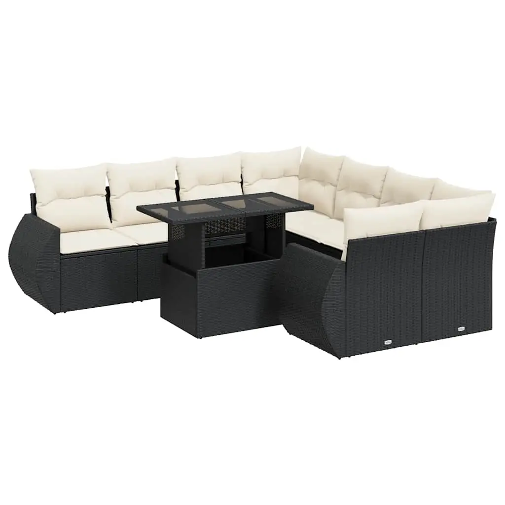 9 Piece Garden Sofa Set with Cushions Black Poly Rattan 3326607 - Furniture