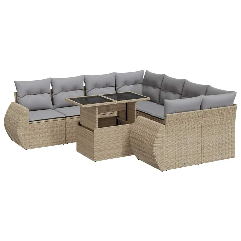 9 Piece Garden Sofa Set with Cushions Beige Poly Rattan 3326610 - Furniture