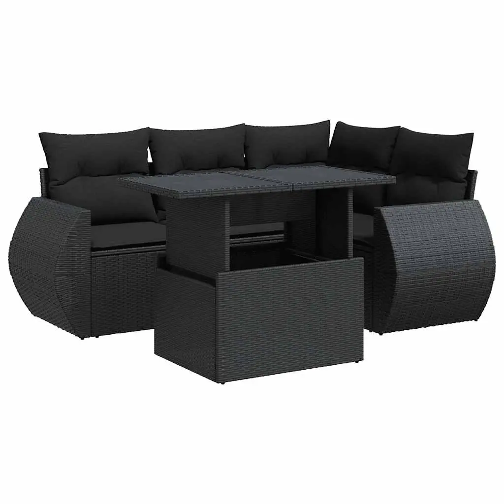 5 Piece Garden Sofa Set with Cushions Black Poly Rattan 3326626 - Furniture