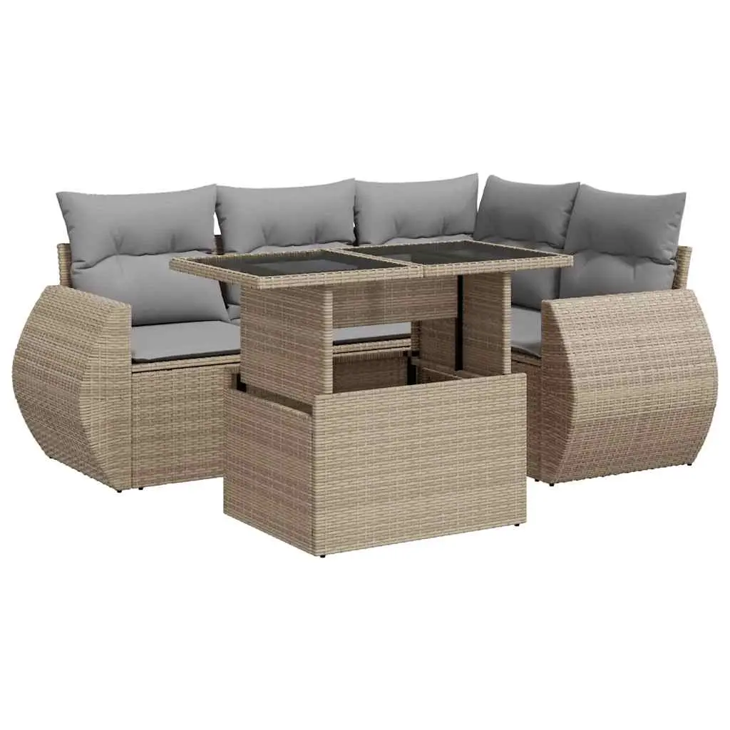 5 Piece Garden Sofa Set with Cushions Beige Poly Rattan 3326630 - Furniture
