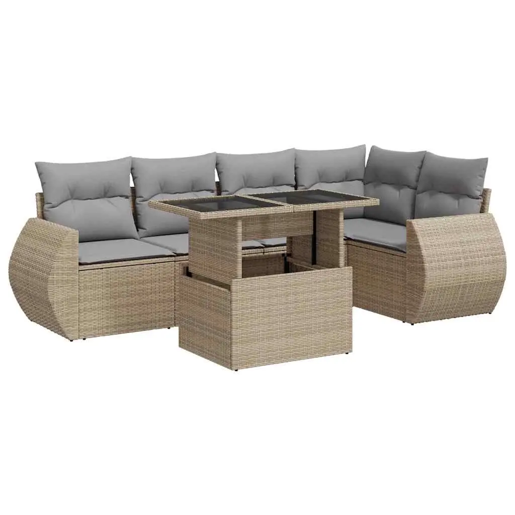 6 Piece Garden Sofa Set with Cushions Beige Poly Rattan 3326640 - Furniture
