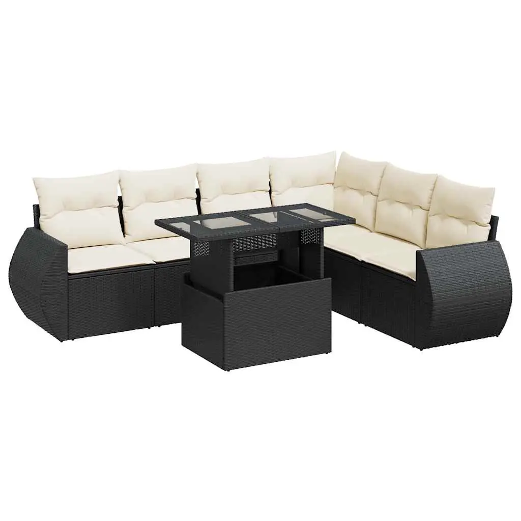7 Piece Garden Sofa Set with Cushions Black Poly Rattan 3326647 - Furniture