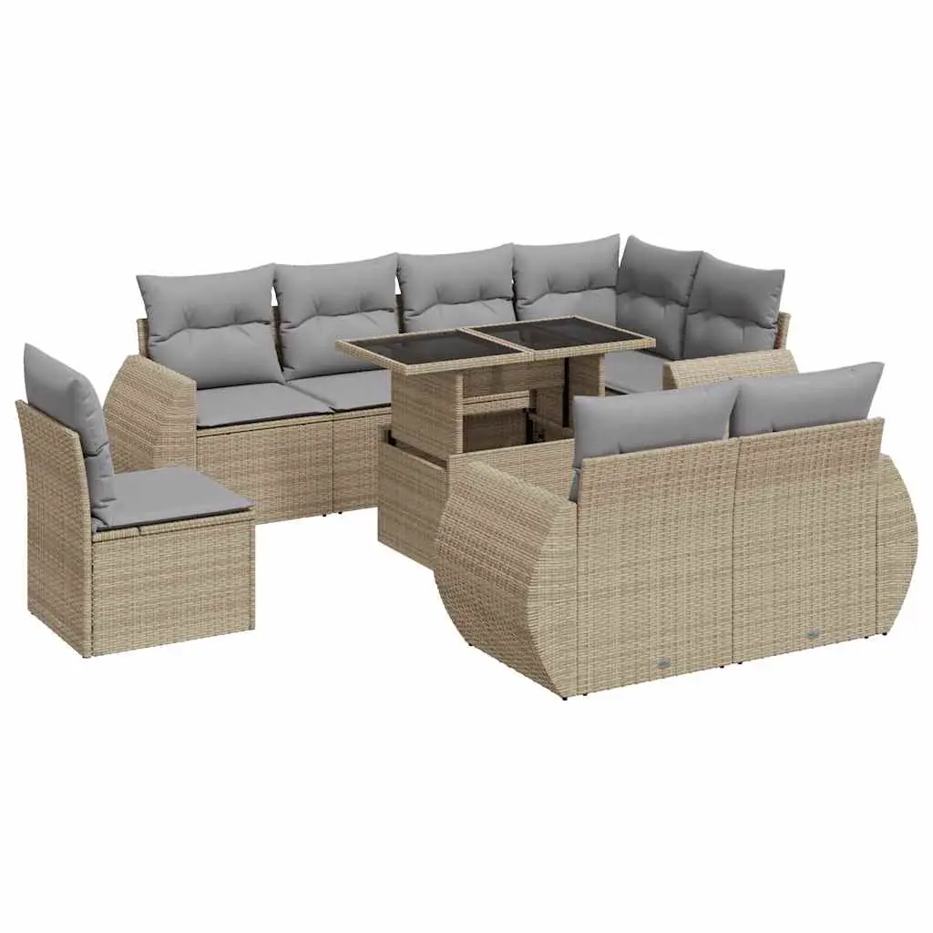 9 Piece Garden Sofa Set with Cushions Beige Poly Rattan 3326660 - Furniture