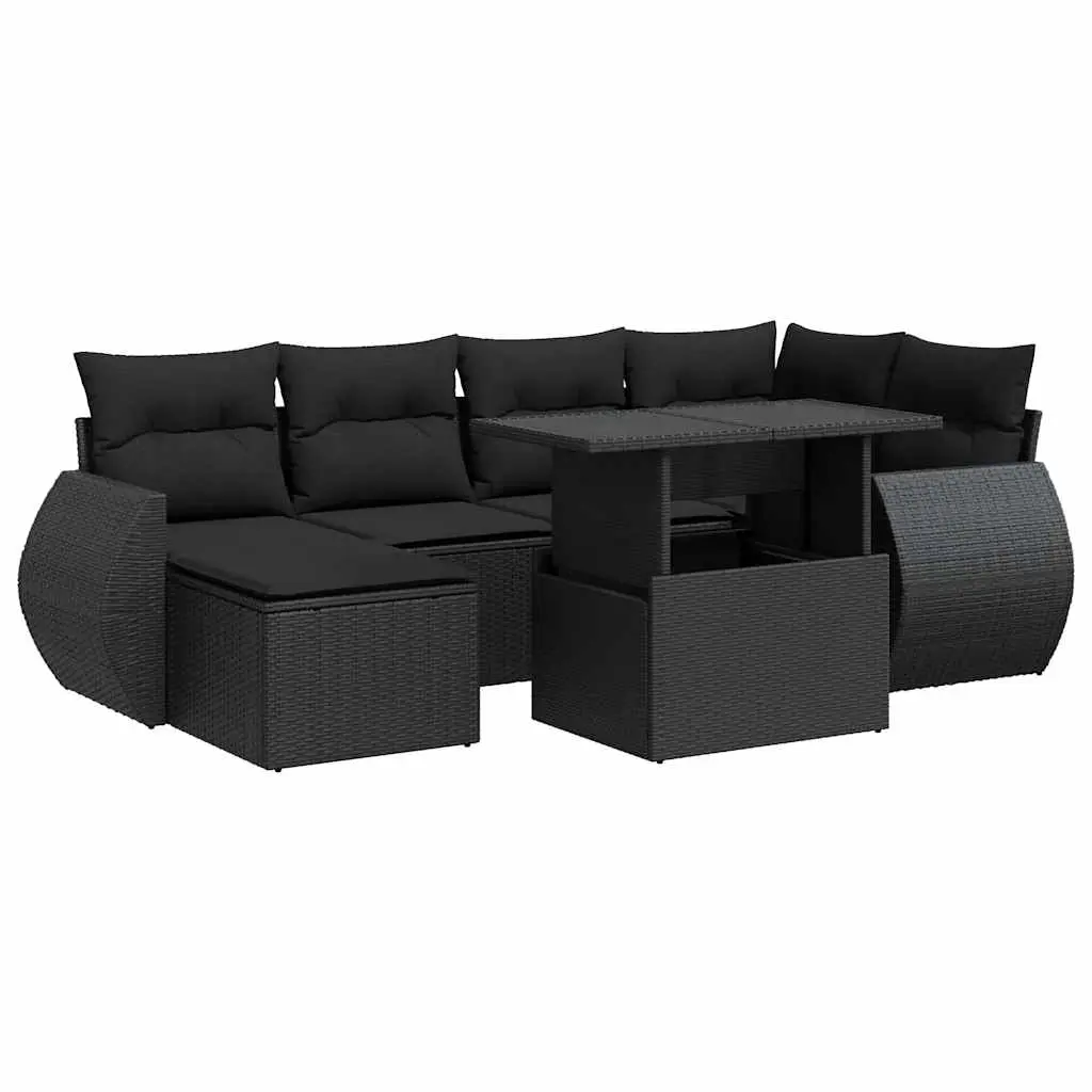 7 Piece Garden Sofa Set with Cushions Black Poly Rattan 3326666 - Furniture