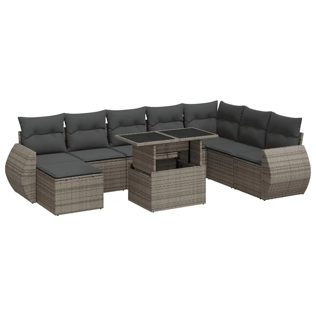 9 Piece Garden Sofa Set with Cushions Grey Poly Rattan 3326691 - Furniture