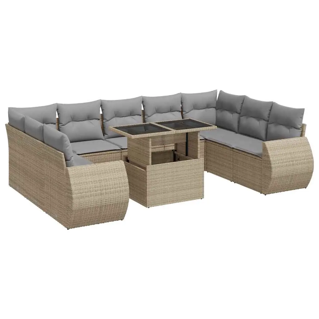 10 Piece Garden Sofa Set with Cushions Beige Poly Rattan 3326700 - Furniture