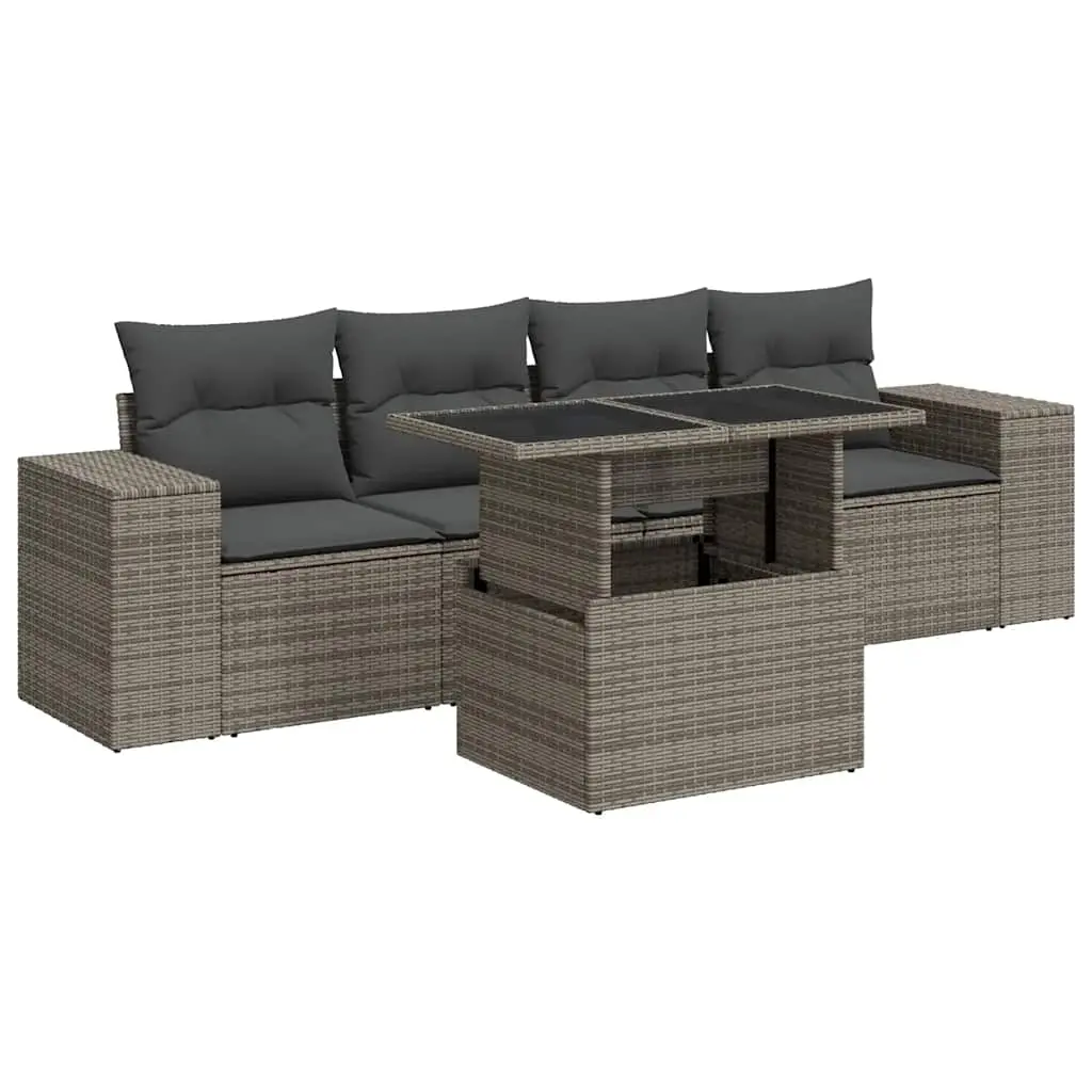5 Piece Garden Sofa Set with Cushions Grey Poly Rattan 3326721 - Furniture