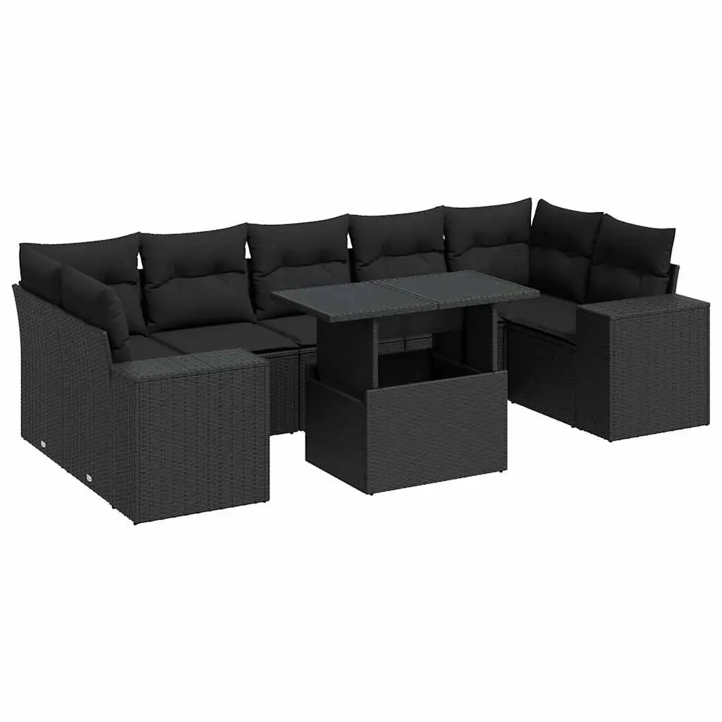 8 Piece Garden Sofa Set with Cushions Black Poly Rattan 3326756 - Furniture