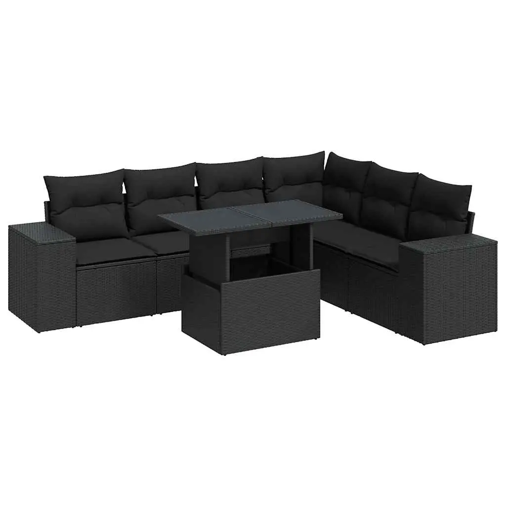 7 Piece Garden Sofa Set with Cushions Black Poly Rattan 3326806 - Furniture