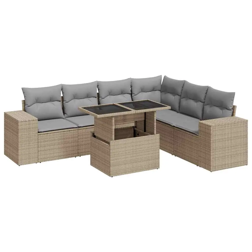 7 Piece Garden Sofa Set with Cushions Beige Poly Rattan 3326810 - Furniture