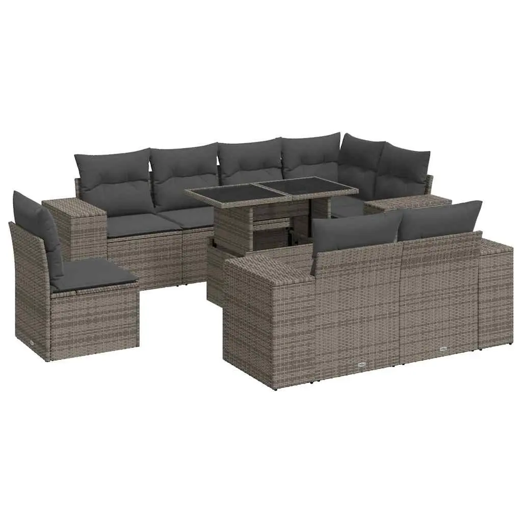 9 Piece Garden Sofa Set with Cushions Grey Poly Rattan 3326821 - Furniture