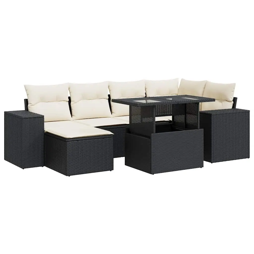 7 Piece Garden Sofa Set with Cushions Black Poly Rattan 3326827 - Furniture