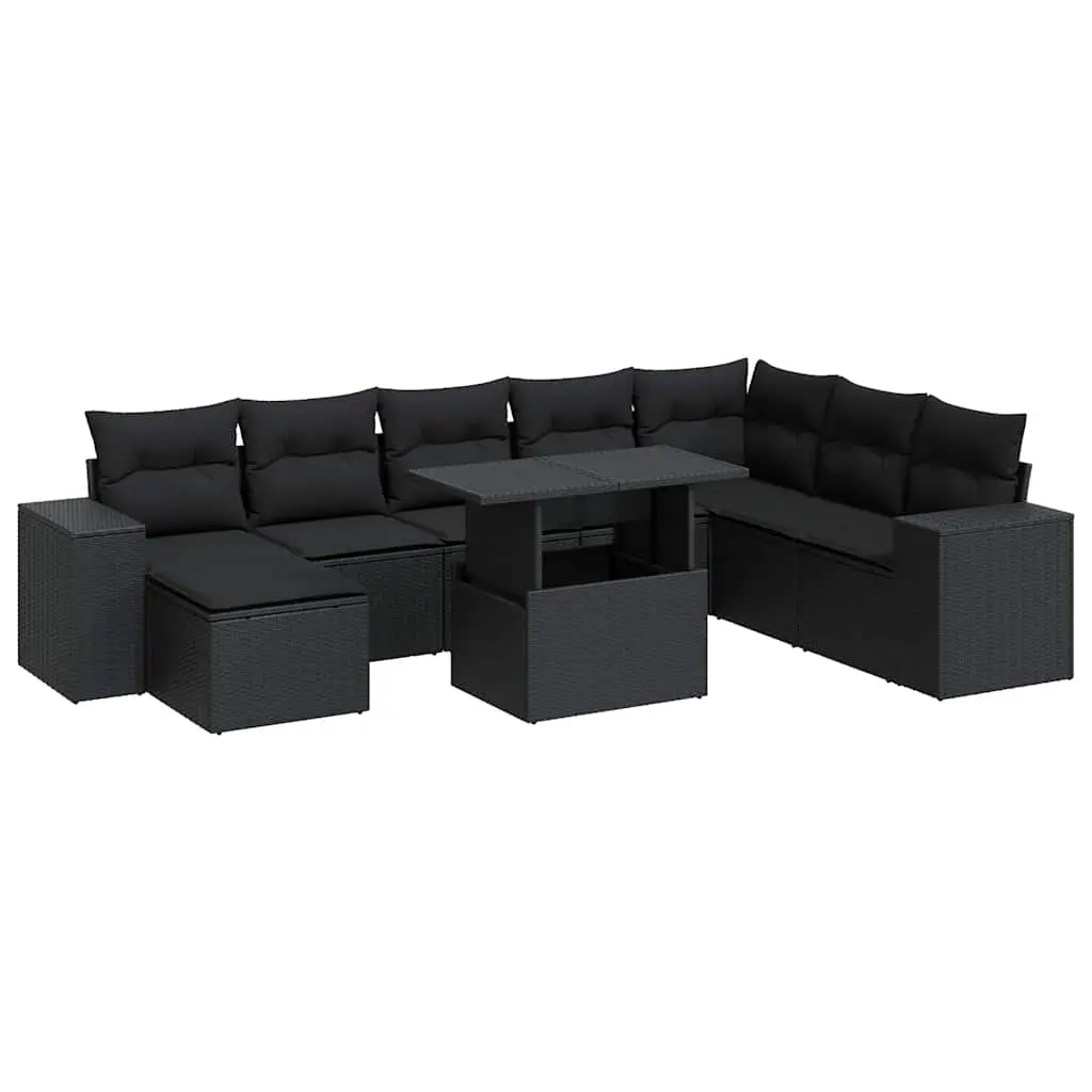 9 Piece Garden Sofa Set with Cushions Black Poly Rattan 3326846 - Furniture