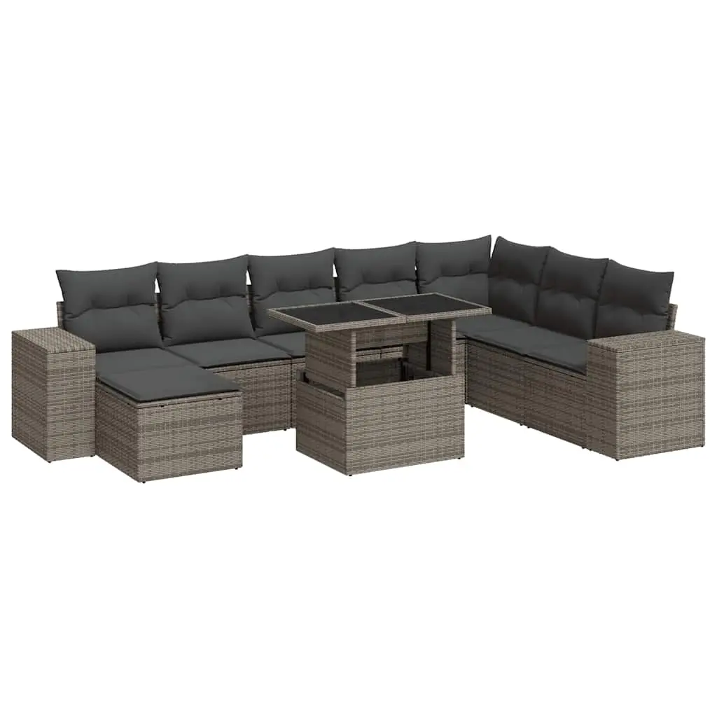 9 Piece Garden Sofa Set with Cushions Grey Poly Rattan 3326851 - Furniture