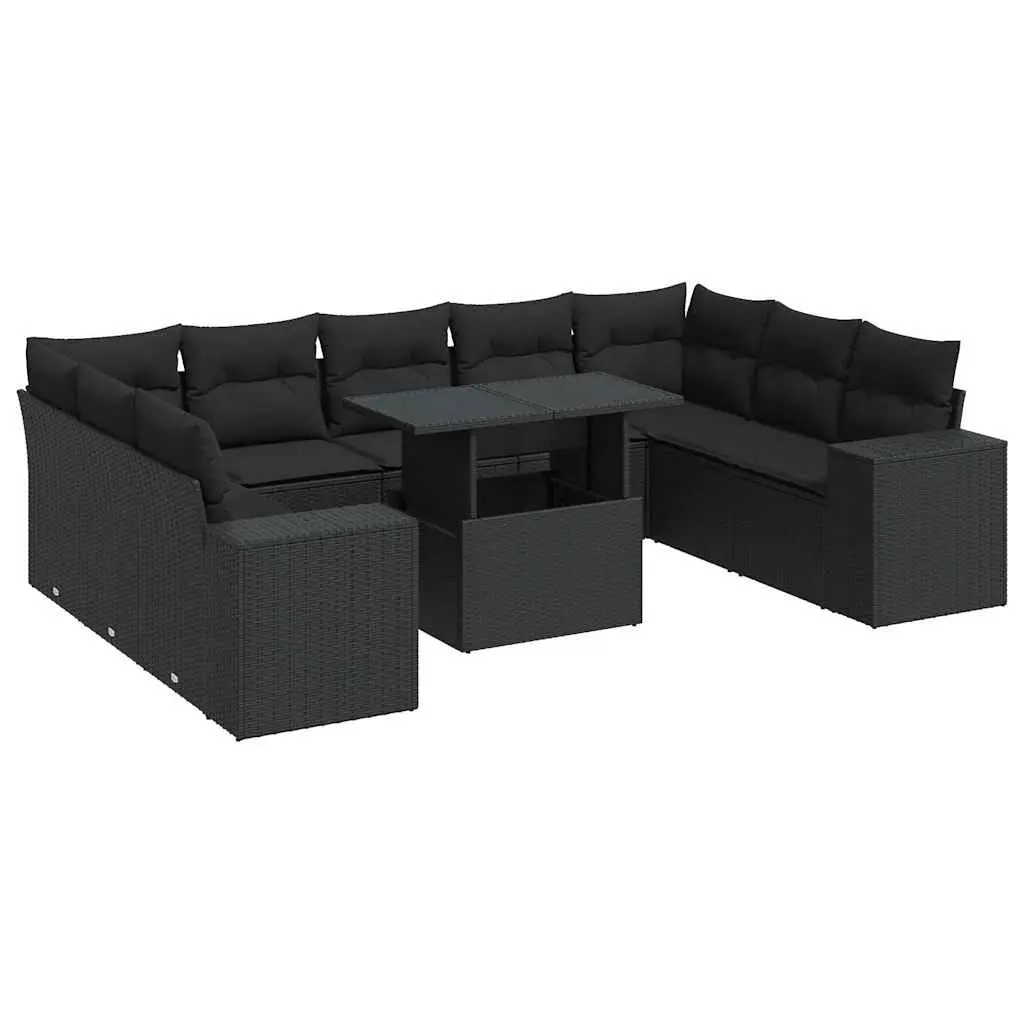 10 Piece Garden Sofa Set with Cushions Black Poly Rattan 3326856 - Furniture