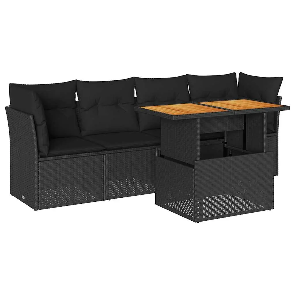5 Piece Garden Sofa Set with Cushions Black Poly Rattan 3326876 - Furniture