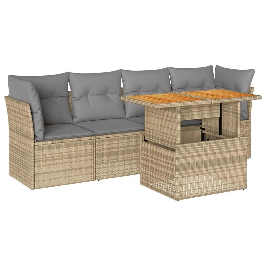 5 Piece Garden Sofa Set with Cushions Beige Poly Rattan 3326880 - Furniture
