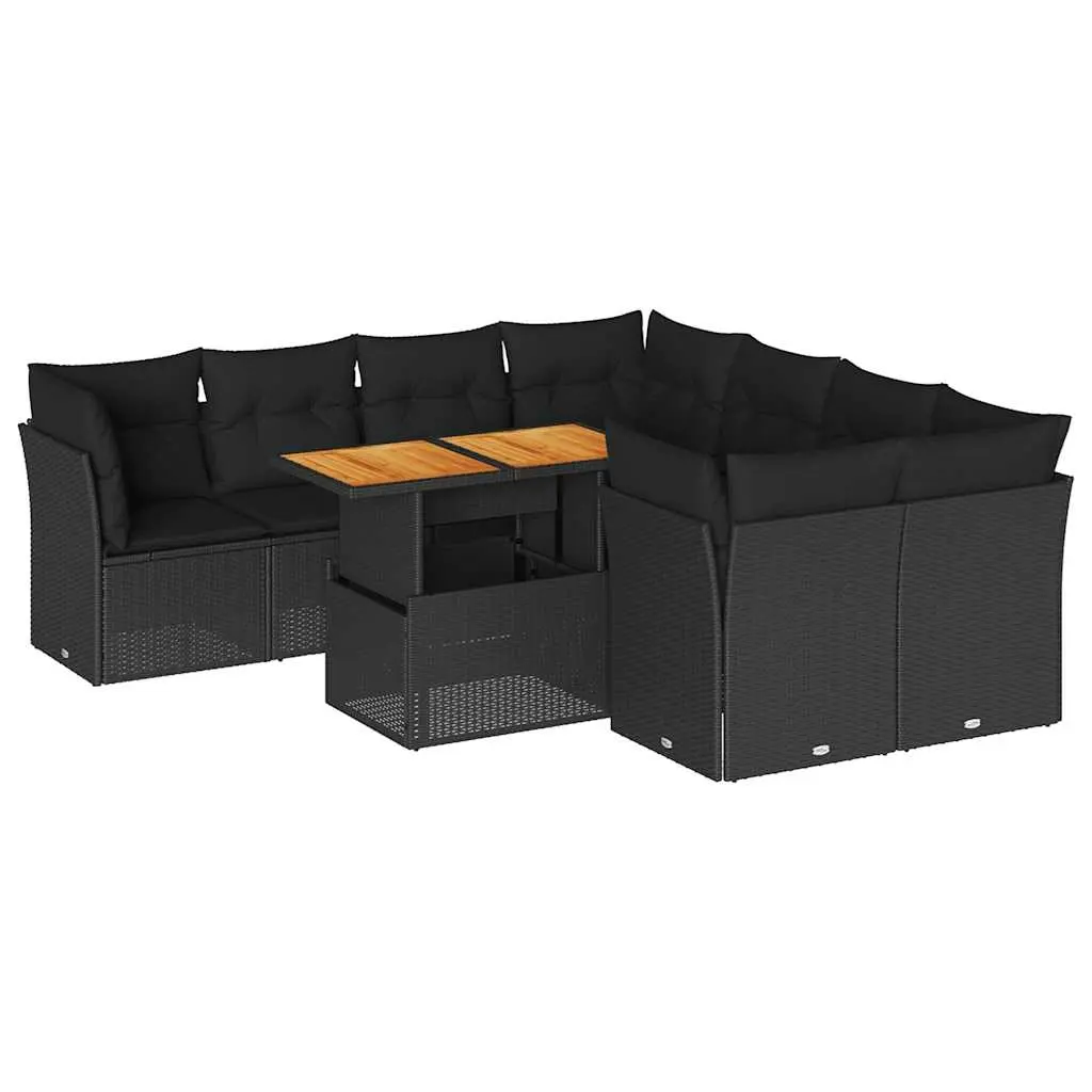 9 Piece Garden Sofa Set with Cushions Black Poly Rattan 3326904 - Furniture